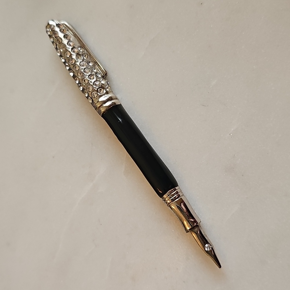 Vintage Rhinestone Black Brooch Pen